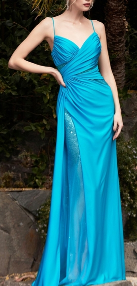 Teal blue fitted stretch floor length gown - Picture 6 of 7